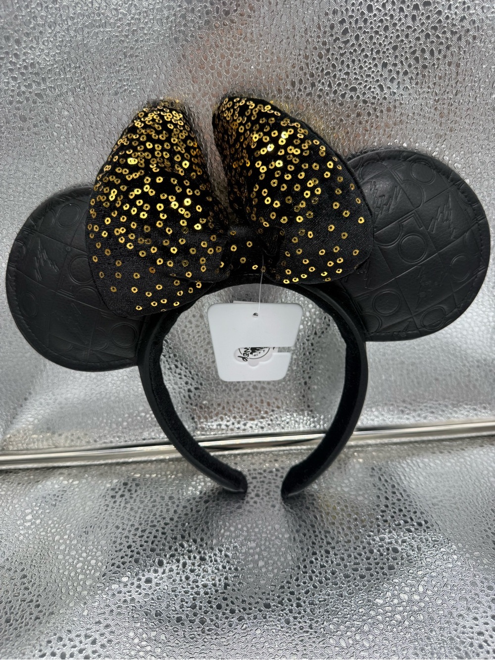 Disney Black Minnie Ears Headband with Gold Sequin Bow